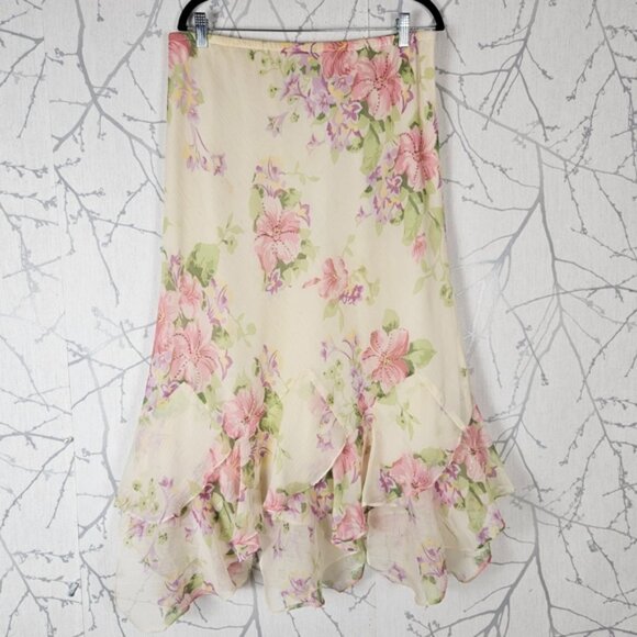 Tradition Ivory Floral Print Beaded Asymmetrical Hem Y2K Midi Skirt - Picture 1 of 8